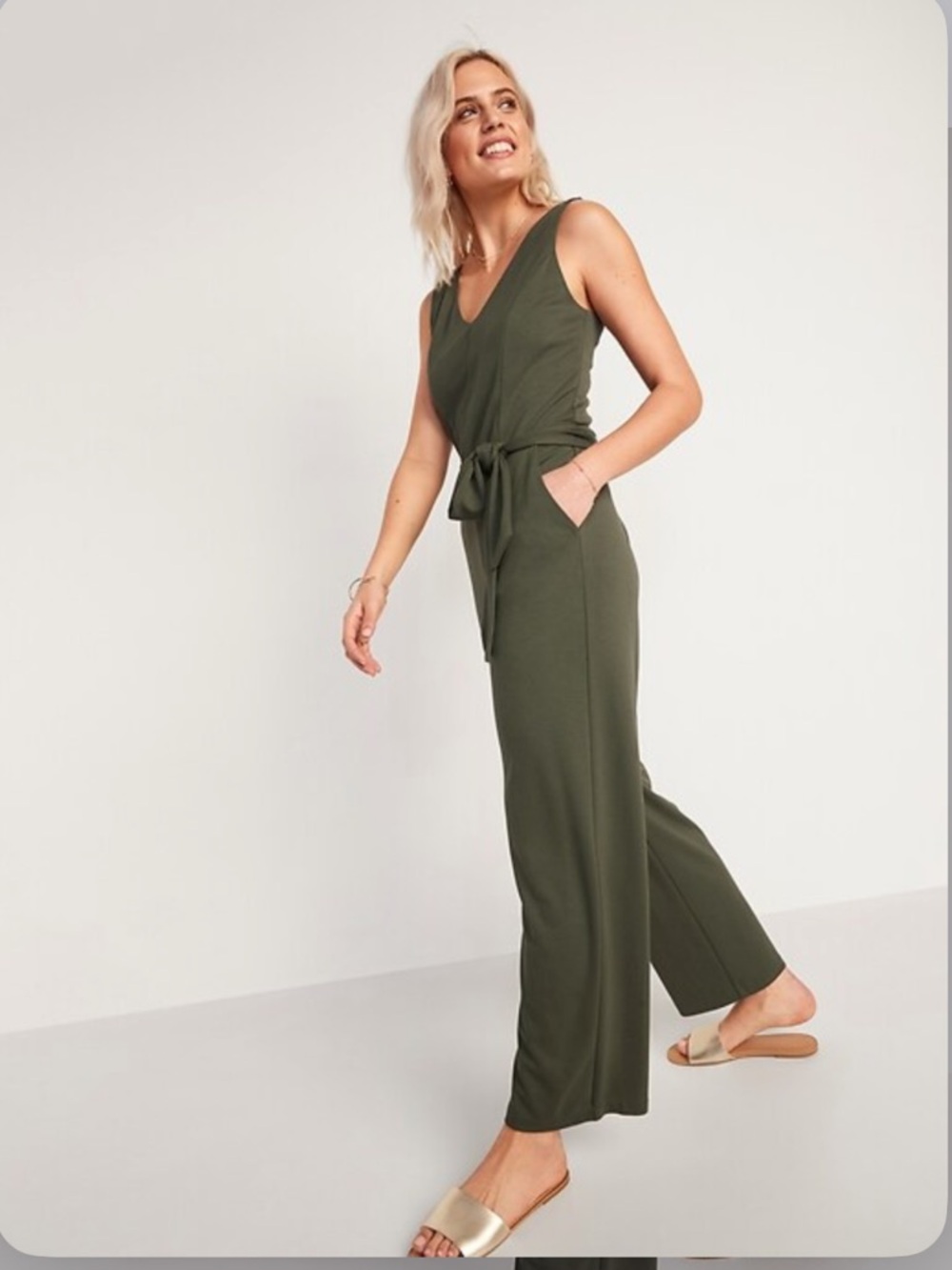 Old Navy Olive Green V-Neck Sleeveless Jumpsuit with Tie Belt